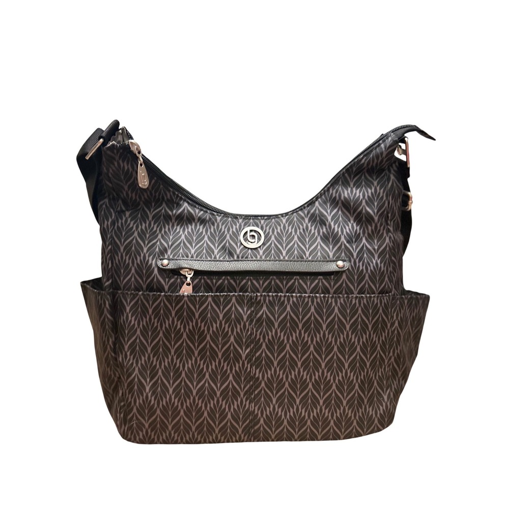 Baggallini Hobo Shoulder Bag Medium Black Gray‎ Leaf Print Adjustable Strap